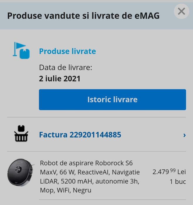 Robot de aspirare Roborock S6 MaxV, 66 W, ReactiveAI, Navigatie LiDAR,