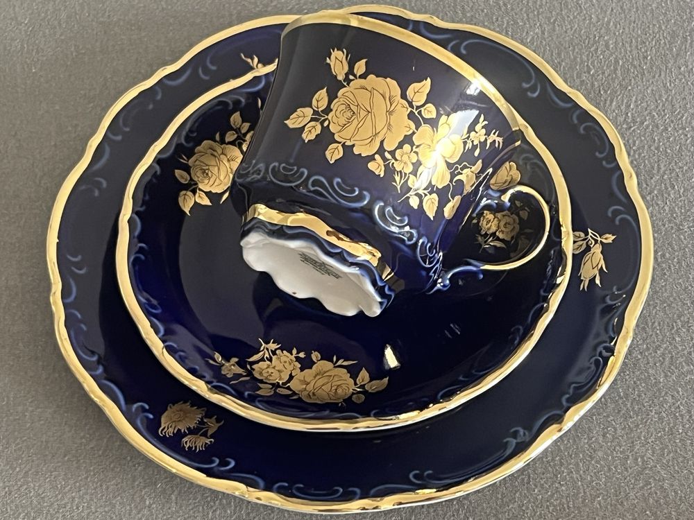Винтидж порцеланова чиния Wunsiedel Bavaria – Echt Kobalt, 24K Gold