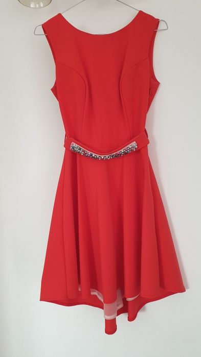 Rochie de ocazie, eleganta, corai, asimetrica, cu centura cu pietricel