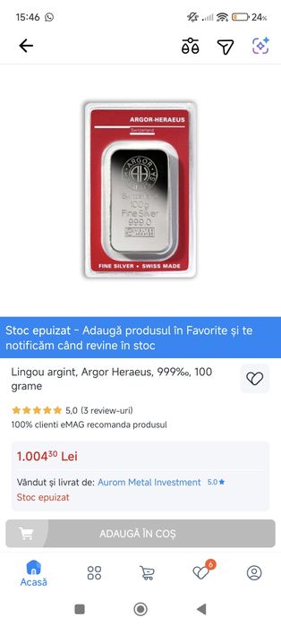 Lingou argint 100 grame, puritate 999,0