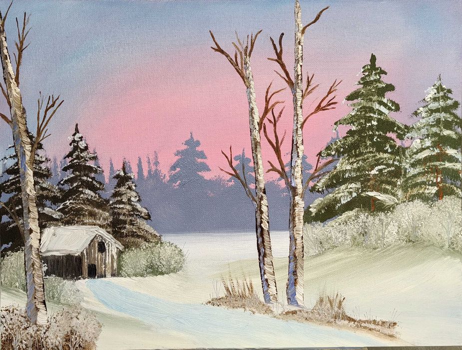 Зимен пейзаж маслени бои.