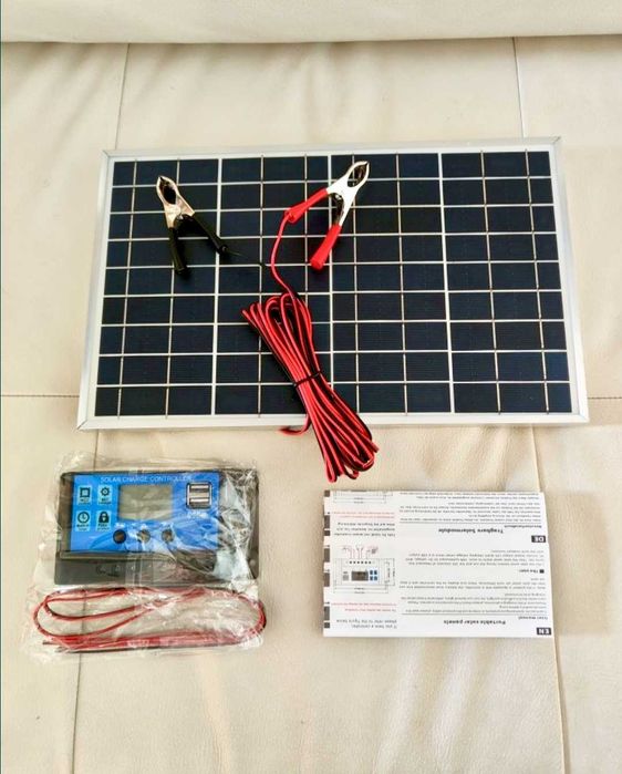 Panou solar 20W + controler încărcare 12V cu ieșiri USB, kit complet