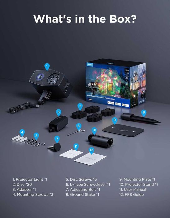 Govee Външен проектор със снежинки, интелигентен проектор, 20 диска