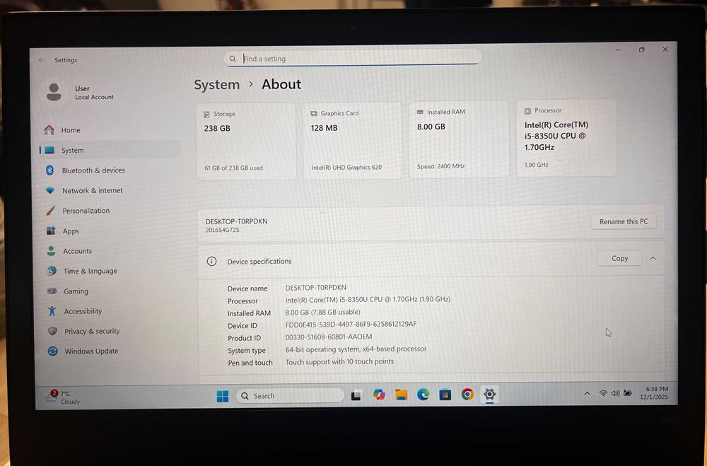 Lenovo ThinkPad T480, reconditionat (i5, 8 GB RAM, 256 GB M.2, TOUCH)