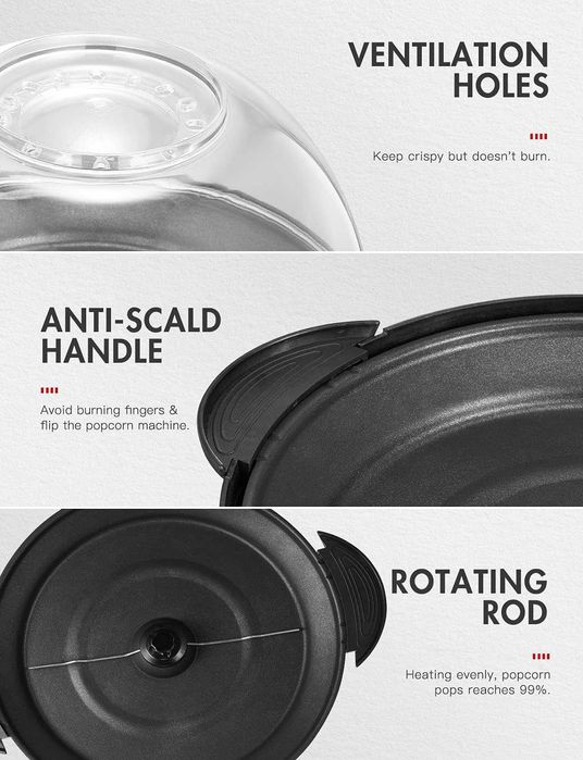 Машина за пуканки VINATO Popcorn Machine 5L с незалепващо покритие