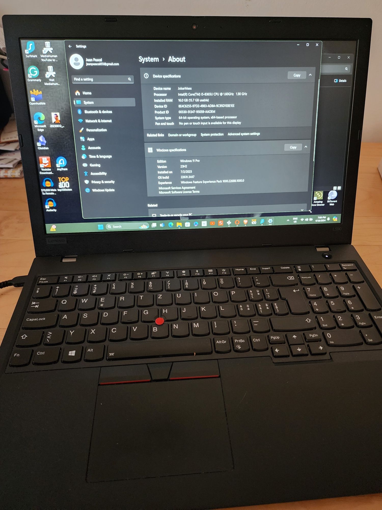 Laptop Lenovo L590 15.6" i5 8365U 8th gen 16gb Ram ssd 512 Sim card