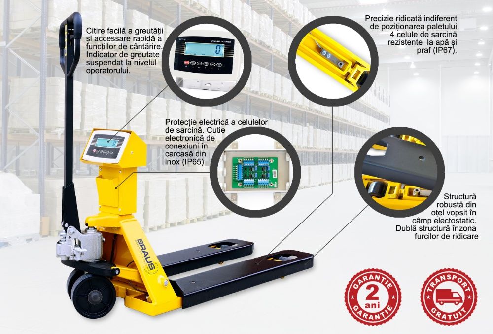 Transpalet cu cantar 2.5T, garantie 24 luni