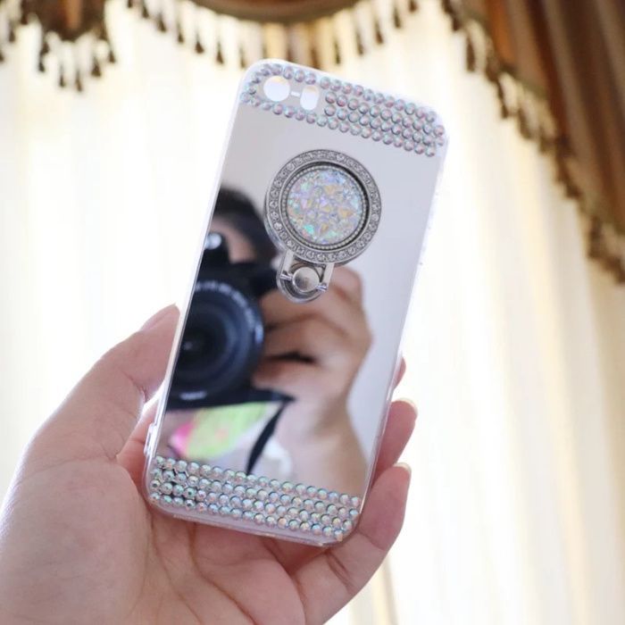 Husa tip oglinda cu pietricele + inel pt. iPhone SE 2020, 6, 6s, 7, 8