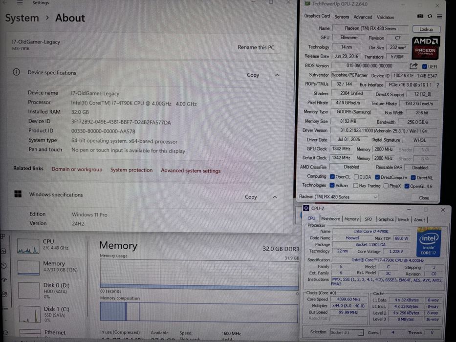 PC gaming i7 4790K, 32 gb RAM, RX 480 8GB, SSD