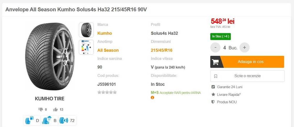 Anvelope KUMHO 215/45 R16 HA32 XL 90V All Season DOT 2024