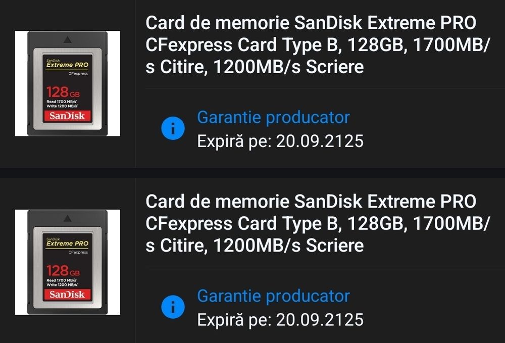Vand 2 Card 128GB SanDisk Extreme PRO CFexpress Type B - garantie