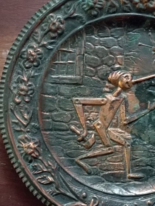 Placă de perete din cupru embosat -Pinocchio-Italia ,anii 1960-70