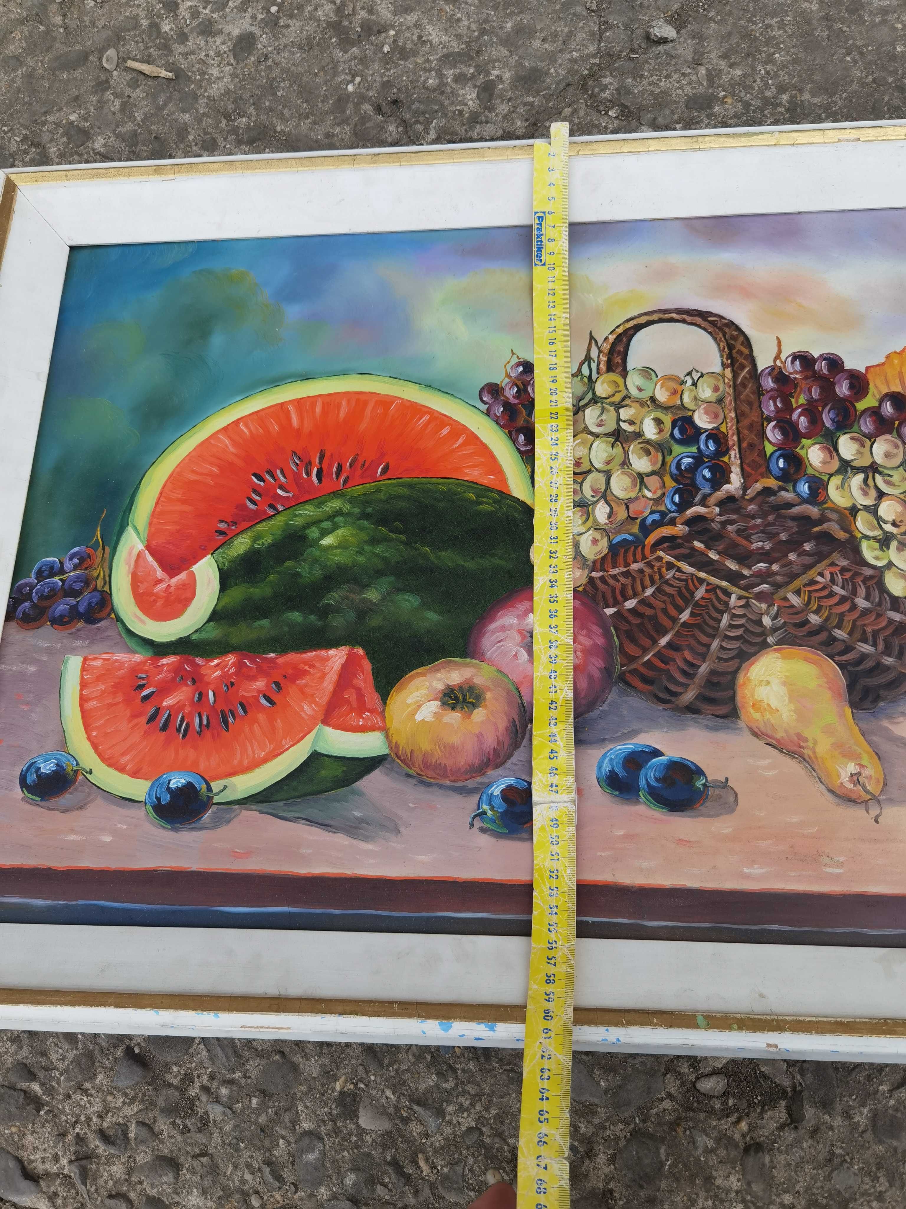 Tablou vechi pictat "Cosul cu fructe". Pepene, sctruguri.