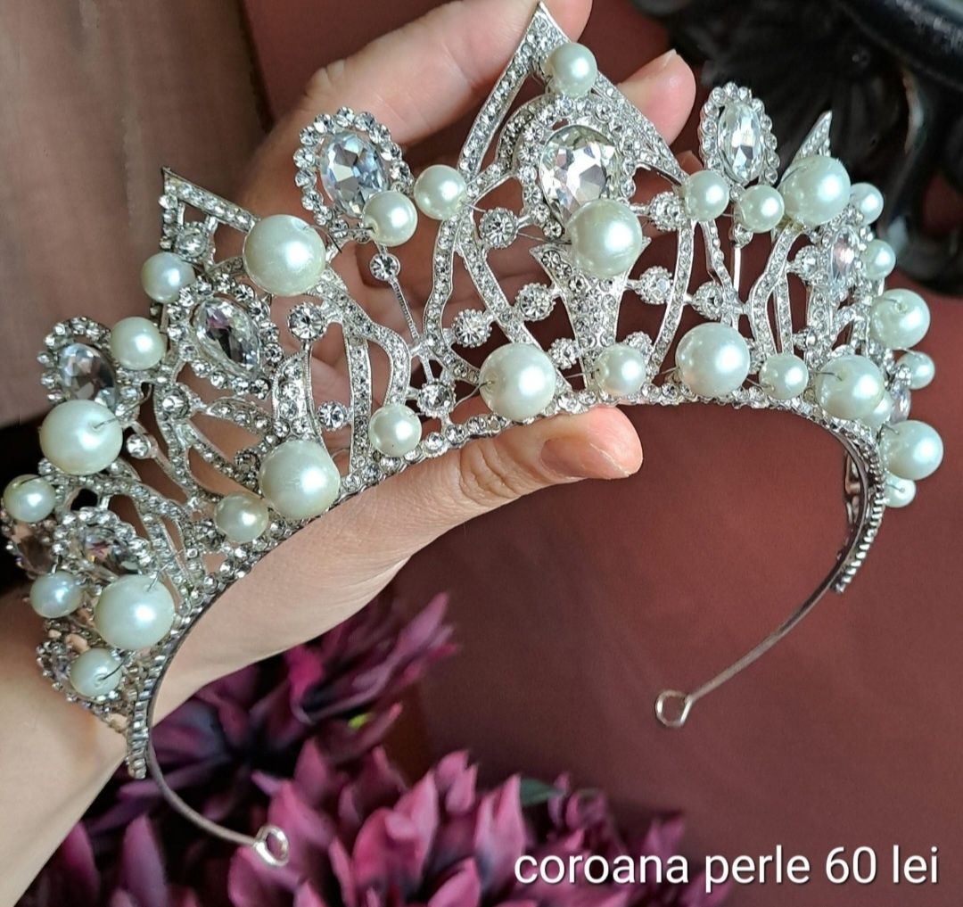Set coroana colier si cercei pt mireasa perle bijuterii nunta perle