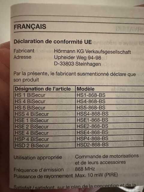 Telecomanda Hormann HS4-BiSecure 868-BS usa garaj / bariera / poarta