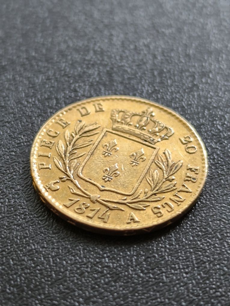 20 франка 1814 год,Луи XVIII, злато 6.45 гр, проба 900/1000 (21.6 к)