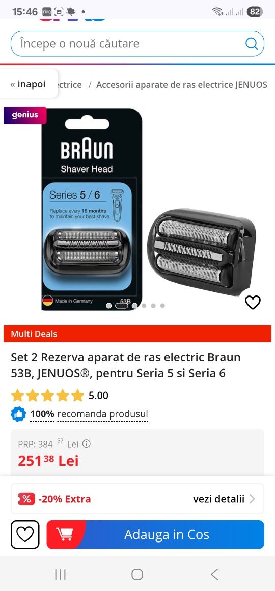 Rezerva aparat de ras electric Braun 53B, NouJENUOS®, pentru Seria