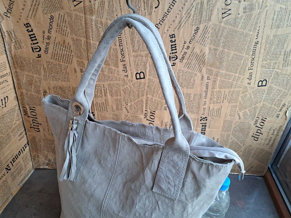 дамска чанта бежова,велурена торба-естествена кожа