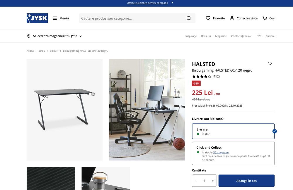 Birou Gaming/Office Negru 60x120cm