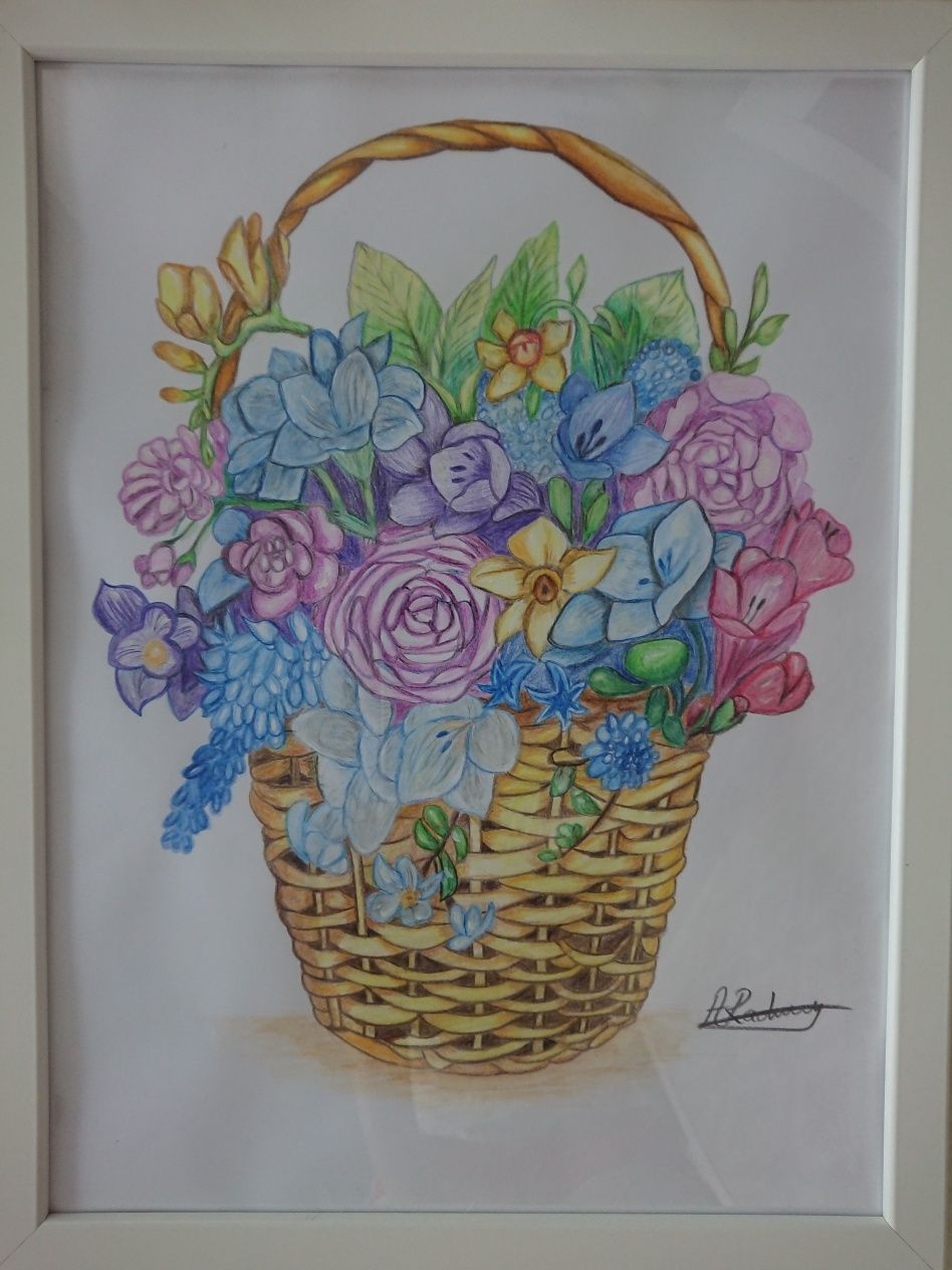 Tablou cos cu flori din acrilic și creioane colorate 43x33 cm