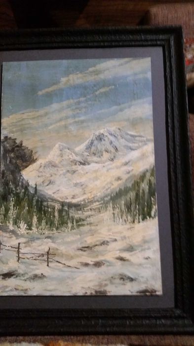 Зимен пейзаж, рисуван с маслени бои на дебел картон.