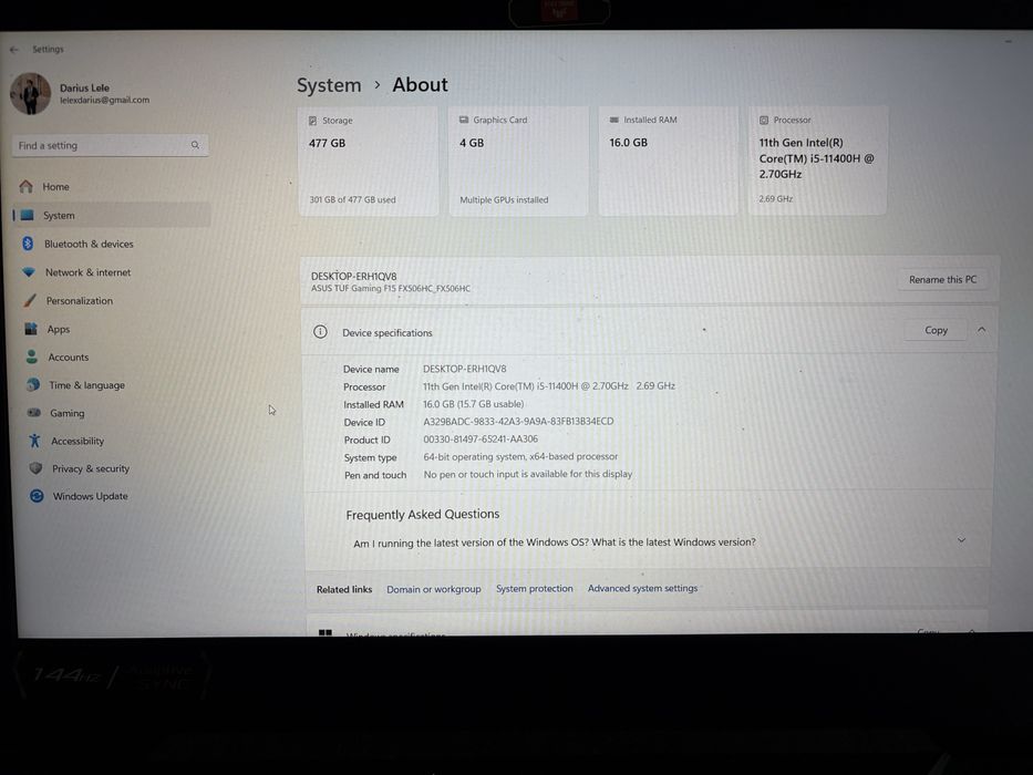 Laptop Gaming ASUS TUF F15 FX506HC cu procesor Intel® Core™ i5-11400H