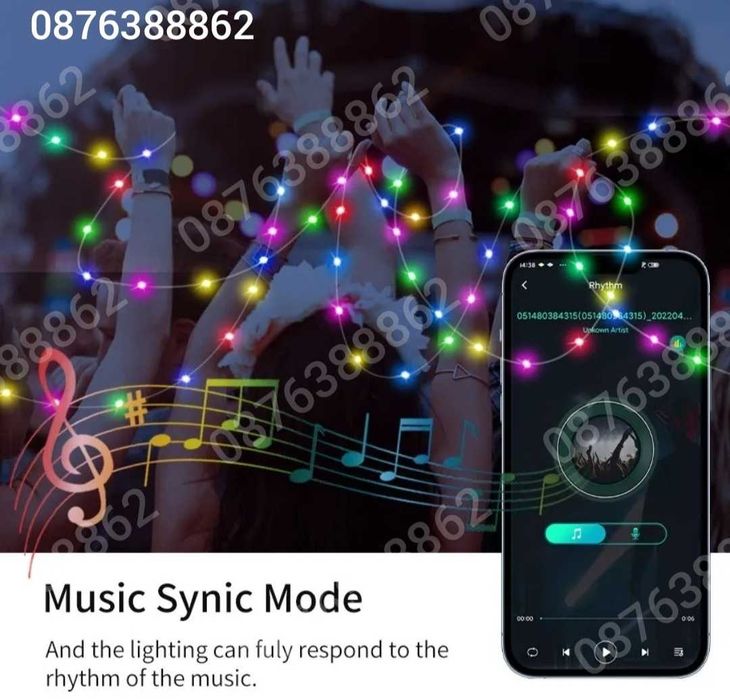 Многоцветни Коледни Лампички 10м. за Елха с Блутуут и Дистанционно