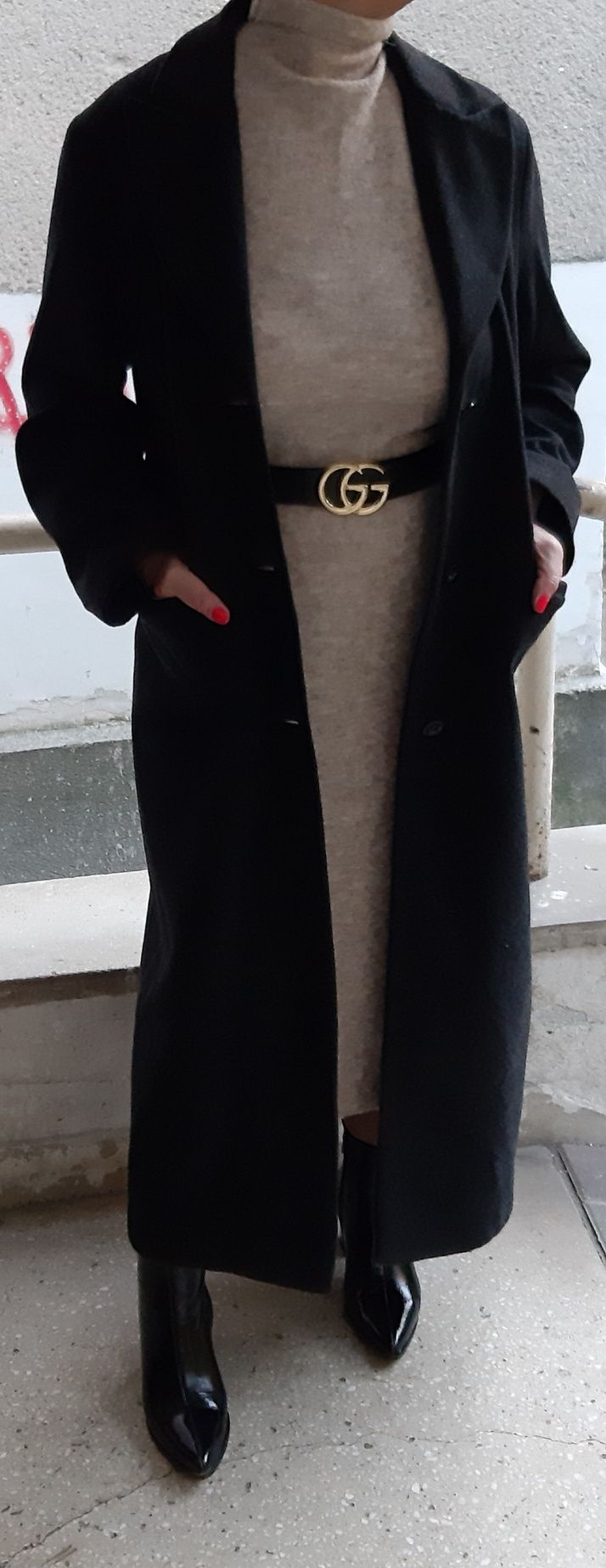 Palton din casmir si lana pura vigina gri inchis lung elegant L