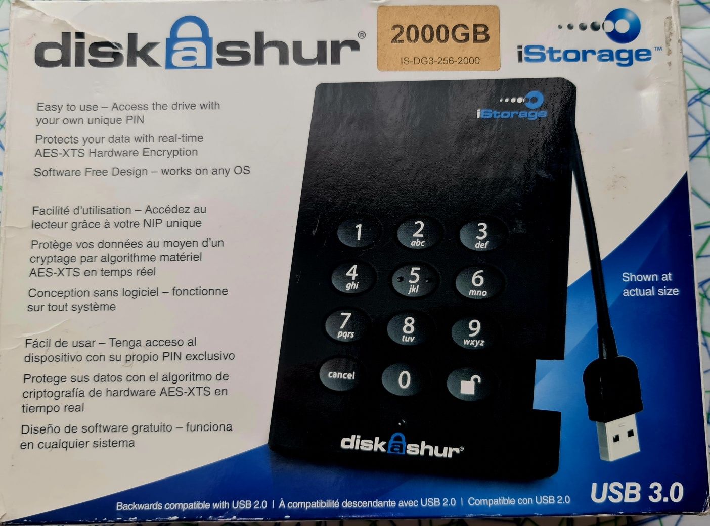 Harddisk extern DISKASHUR 2 256-BIȚI 2TB USB 3.1 HARD CRIPTAT