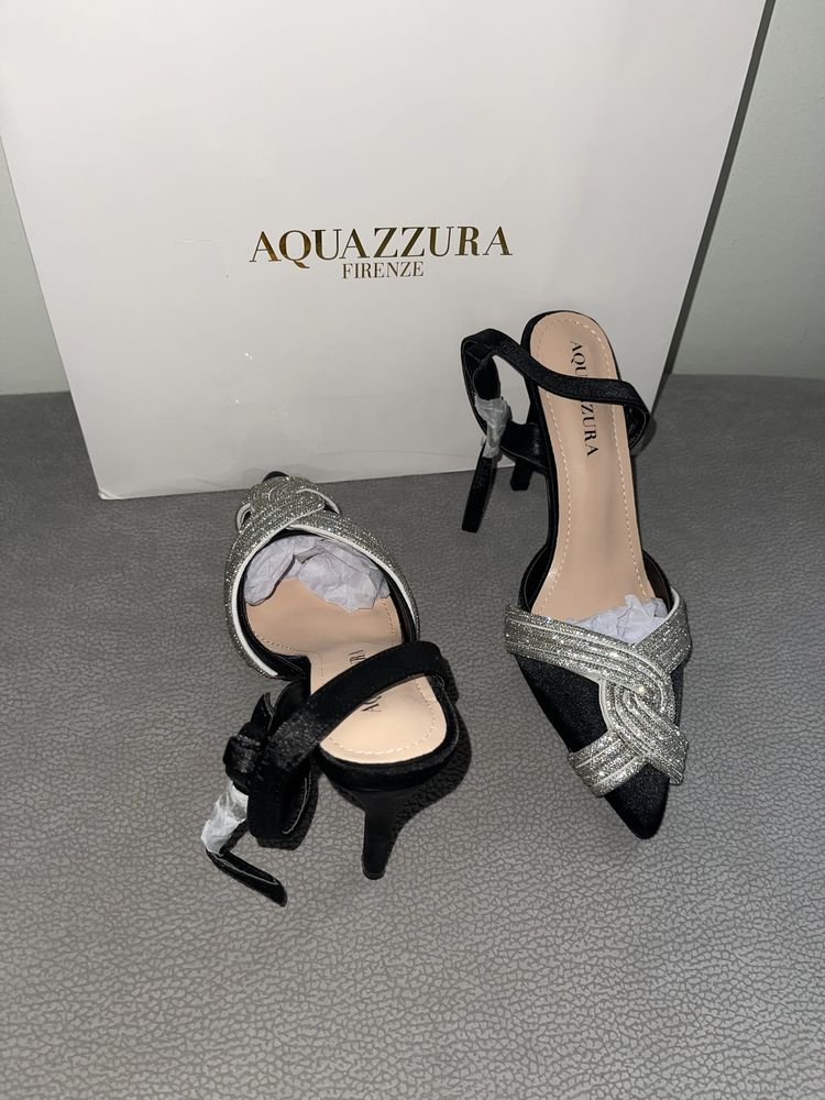 Черни aquazzura сатенени обувки на ток официални лъскави сребърни