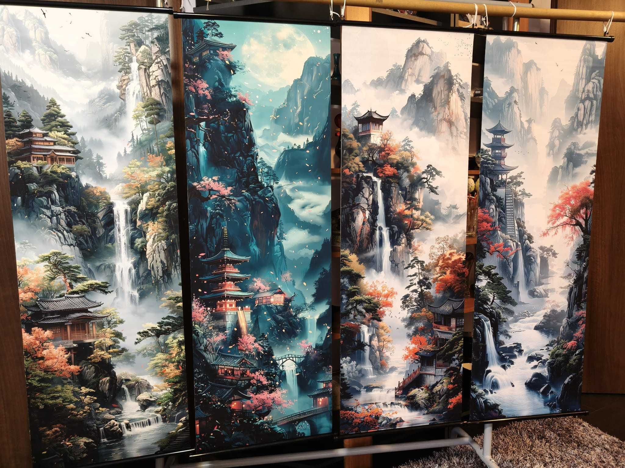 Set de 4 Tablouri Canvas Fără Ramă cu Peisaje Asiatice - Stil Art Deco