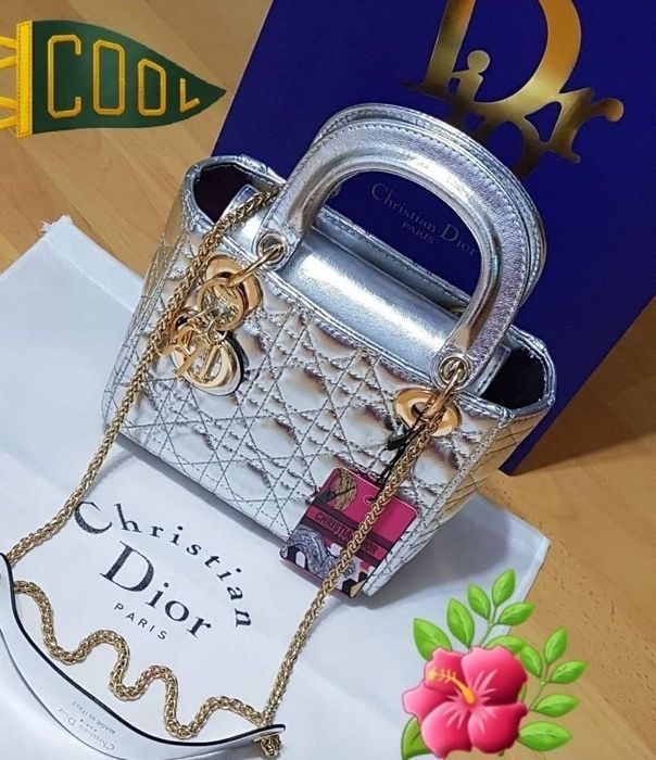 Geanta silver Medium/logo metalic auriu, saculet, etichetă