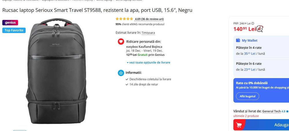 Rucsac laptop Serioux Smart Travel ST9588, rezistent la apa,