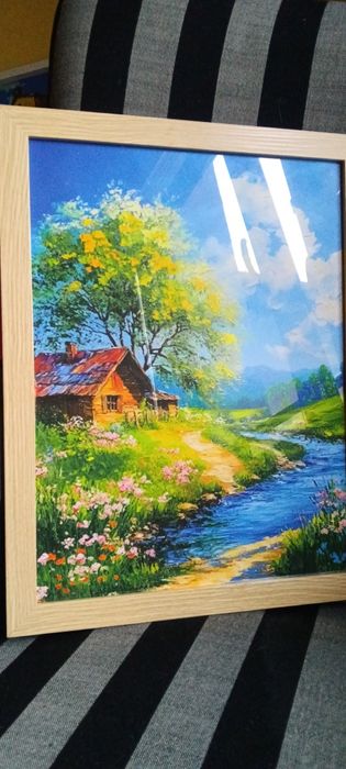 Хармония-пасторална сцена с къщичка, поток и диви цветя, идеална за до