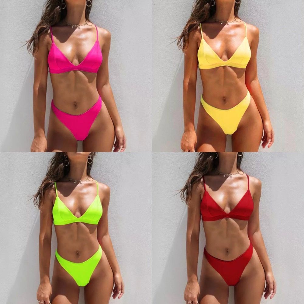 Costum de baie C29 roz neon Push Up galben brazilian tanga verde rosu