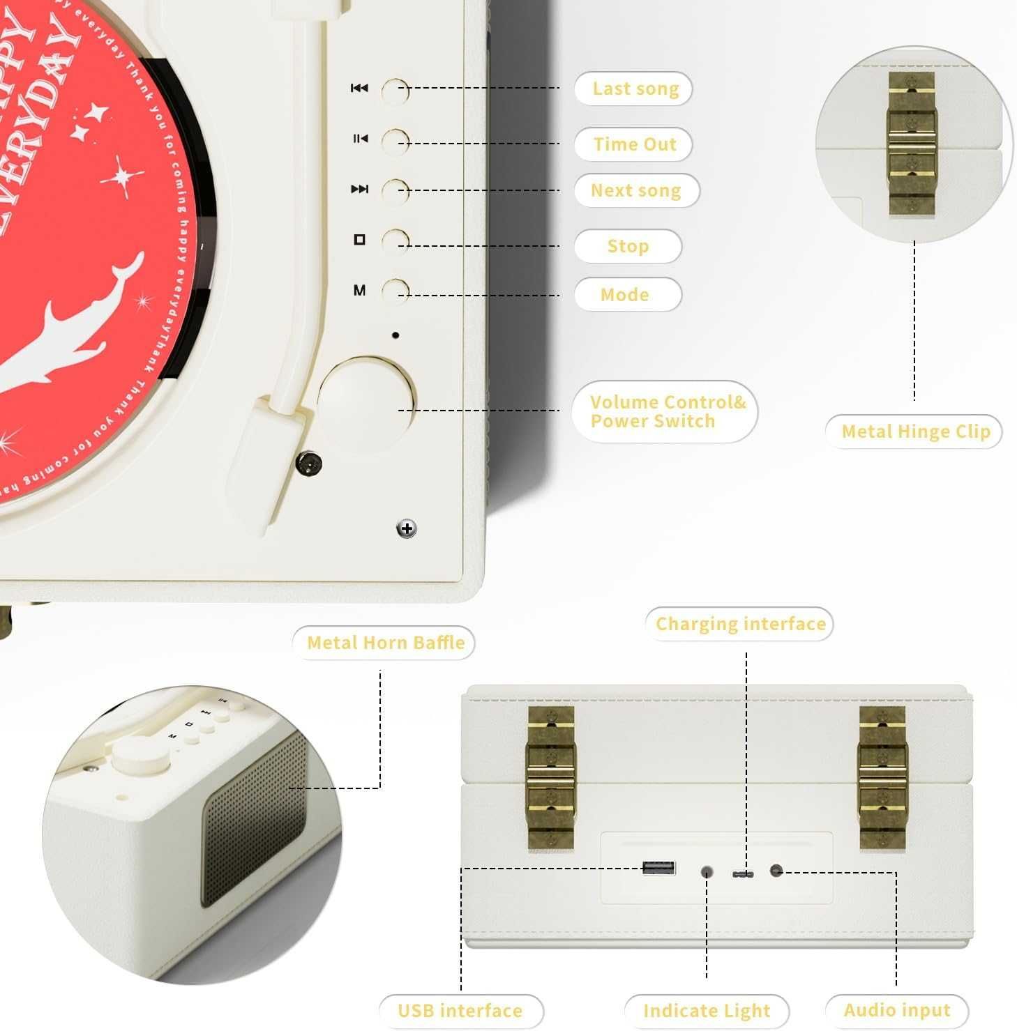 Bluetooth акумулаторен кожен CD плейър с високоговорители Yintiny