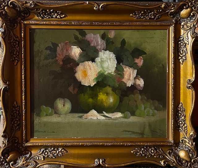 *VAZA CU TRANDAFIRI* Tablou f, f VECHI, ulei/panza, semnat.Cca 65x55cm