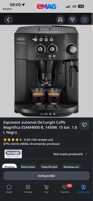 Espressor De’Longhi Magnifica ESAM4000B 1450w 15 bar