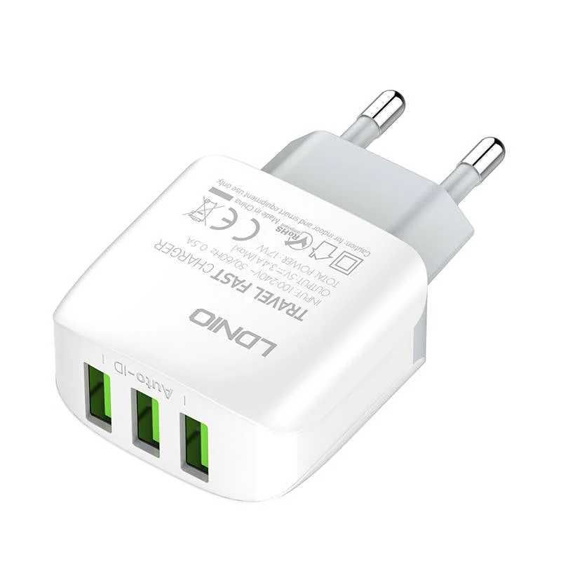 Зарядно устройство LDNIO A3312, 3x USB, 17W, Бял