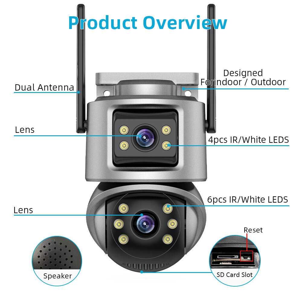 + 64GB карта A32 двойна външна WiFi Камера два екрана 4MP+4MP, ICSee