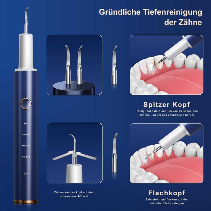 Set Profesional de Curățare a Dinților cu Ultrasunete, 4 Capete/Moduri