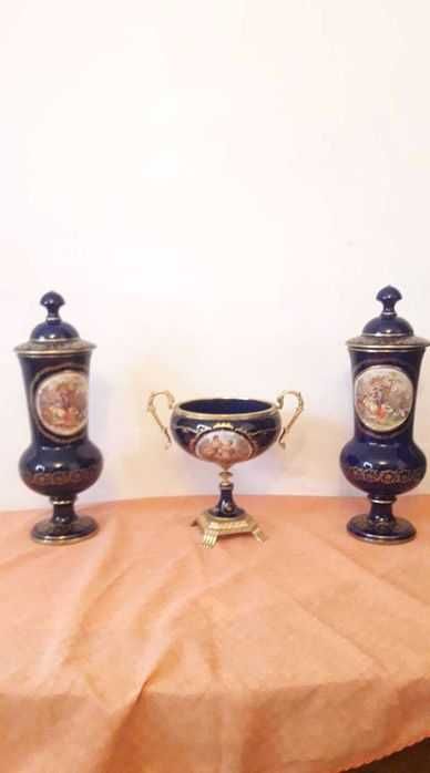 Set urna cu fructiera de porțelan Blue Cobalt vintage Rare Keramos