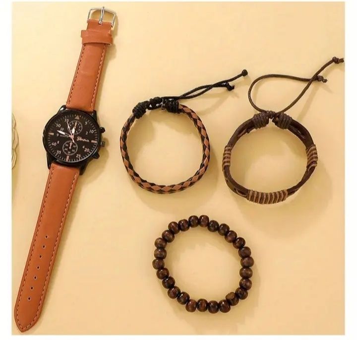 Мъжки кафяв кварцов часовник с три кожени гривни