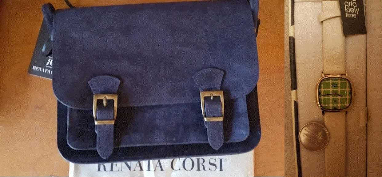 Poseta Renata Corsi piele nat intoarsa, bleumarin inchis+ceas Orla NOI