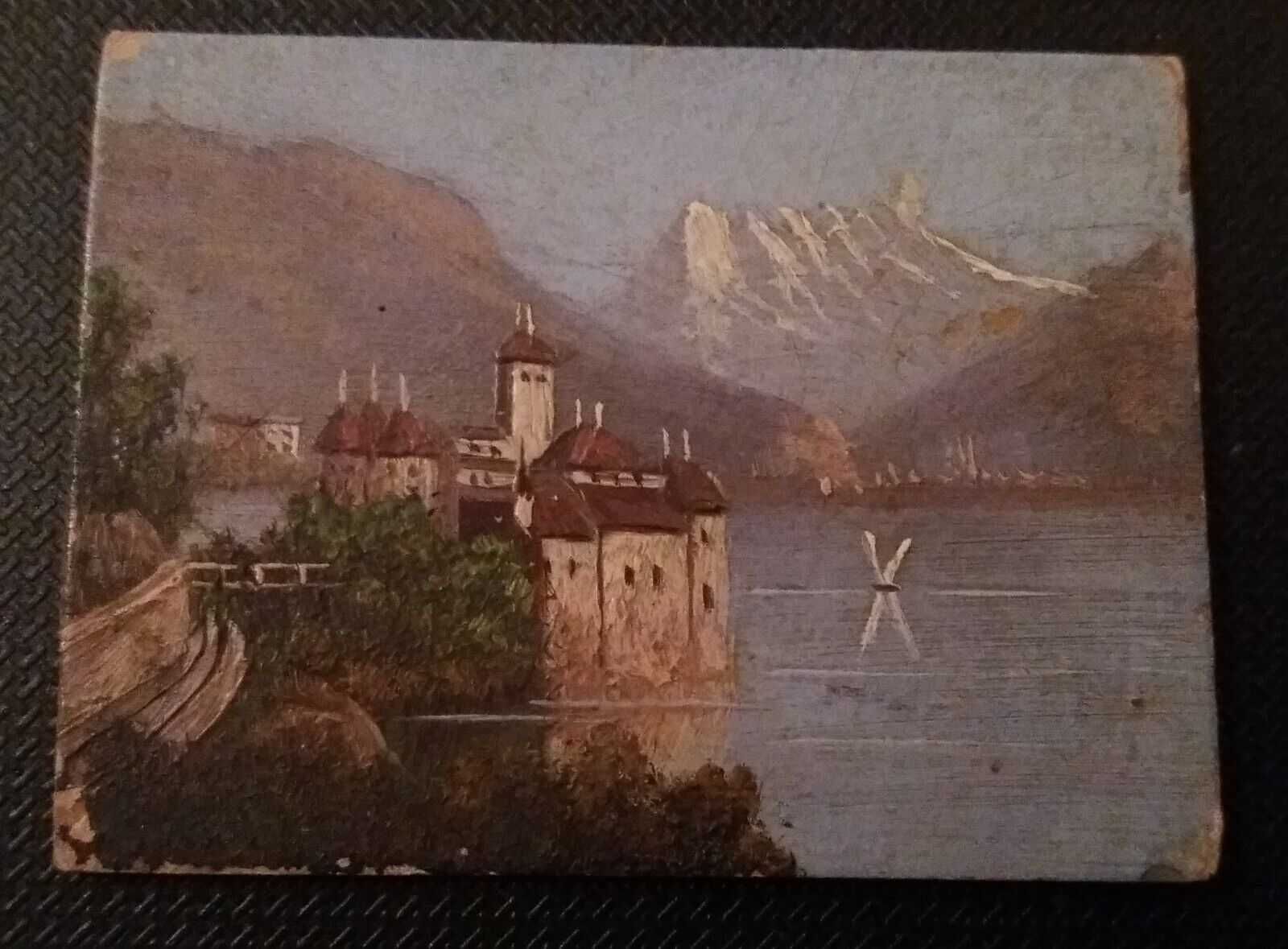 Pictură în miniatură, Château de Chillon, ulei pe carton din anul 1900