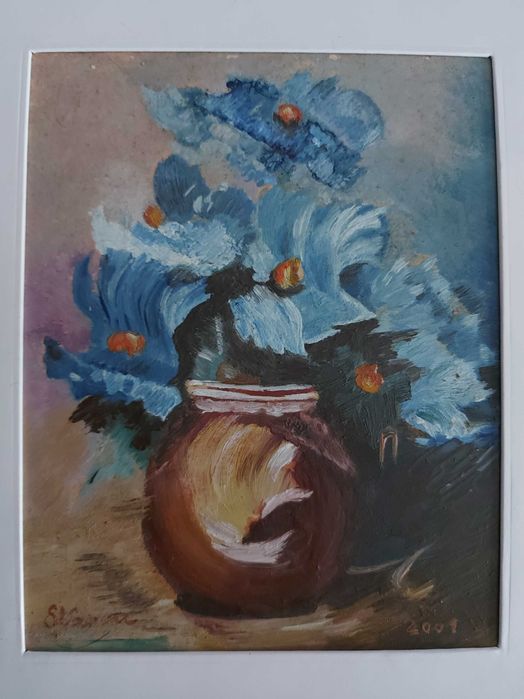 Tablou vechi pictat manual -  Vas cu flori (21x25 cm)
