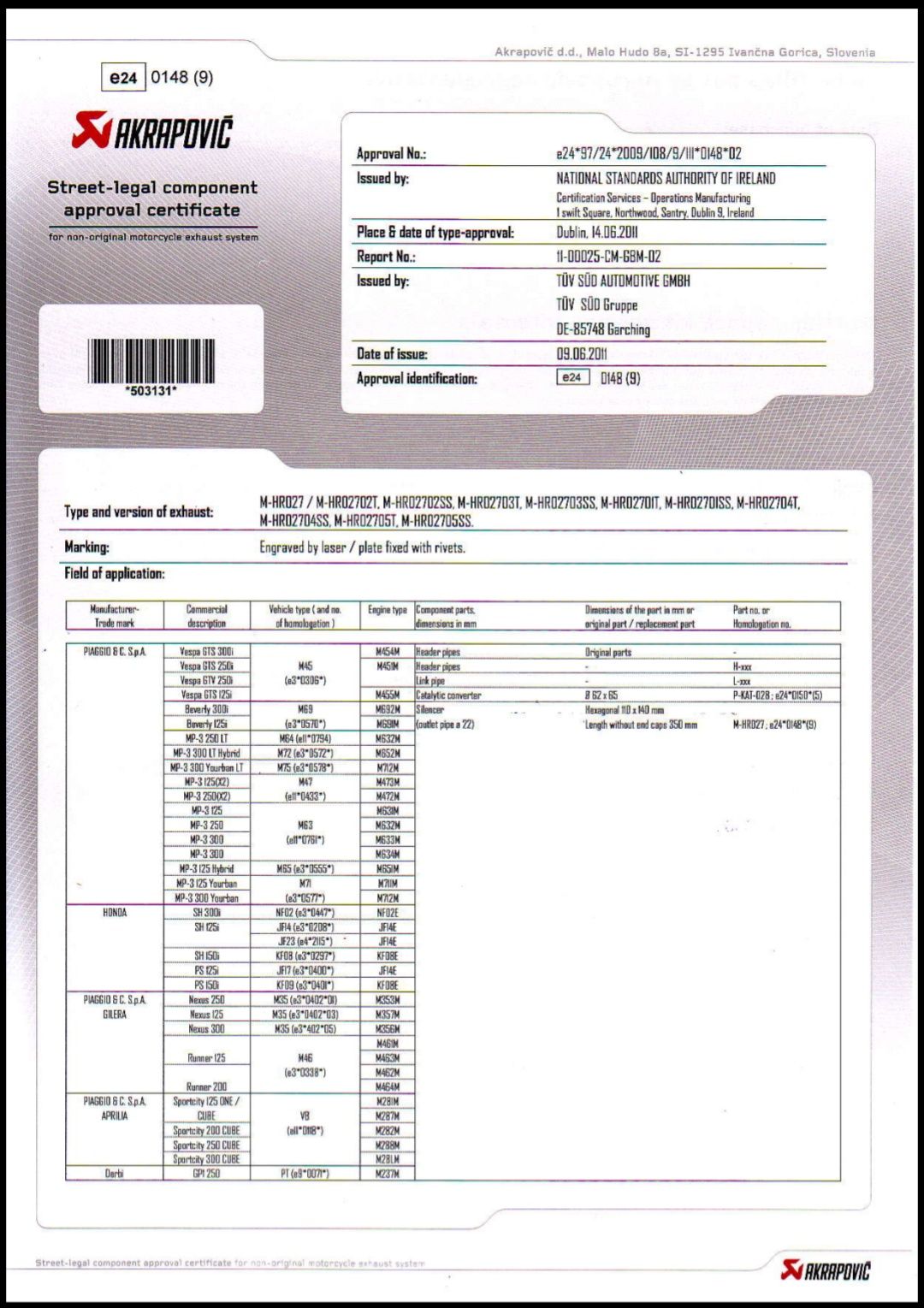 Evacuare Akrapovic Piaggio/Vespa/Honda