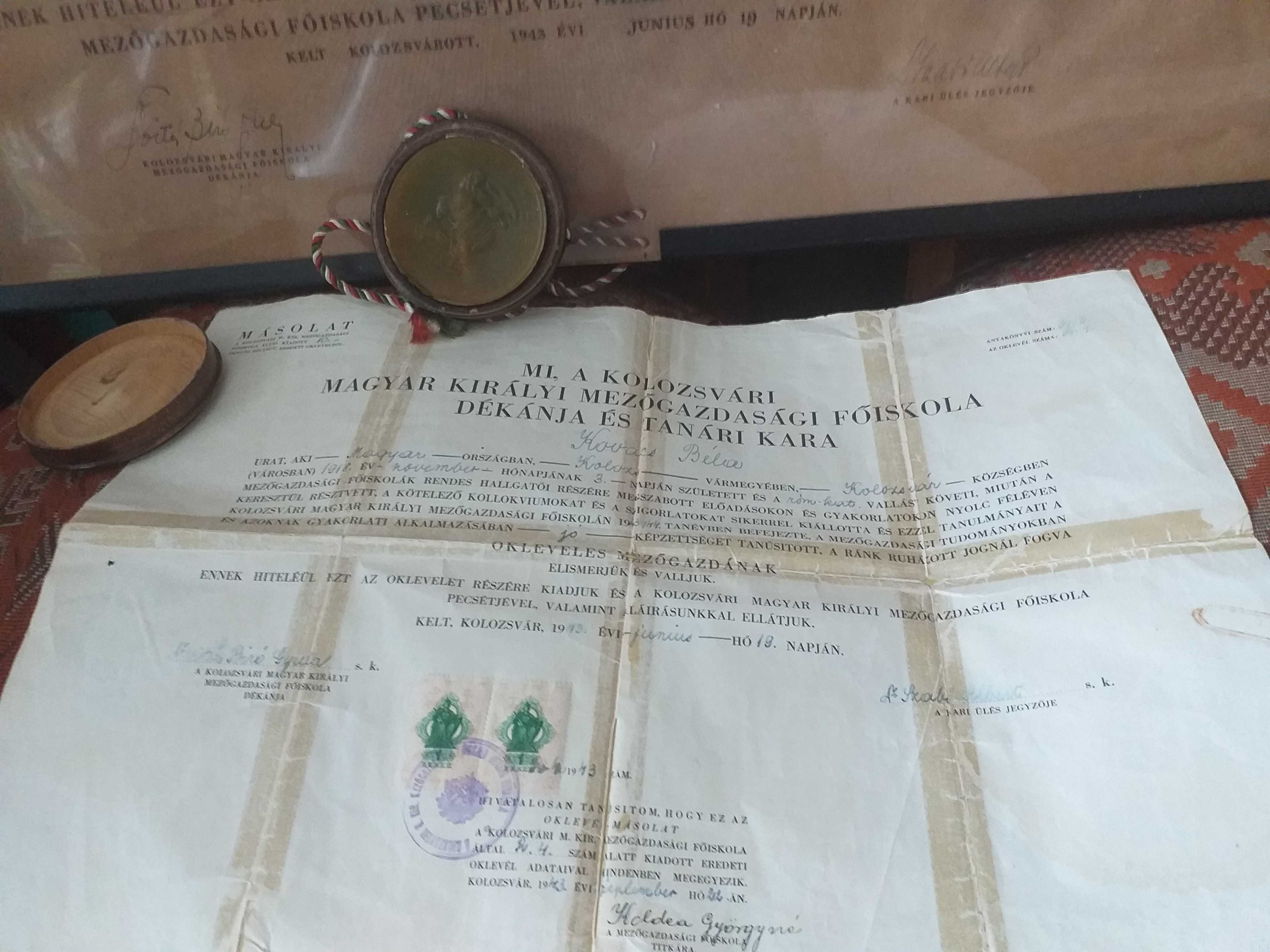 Diploma cu sigiliu de ceara Agronomia Kolozsvar 1941, 1943