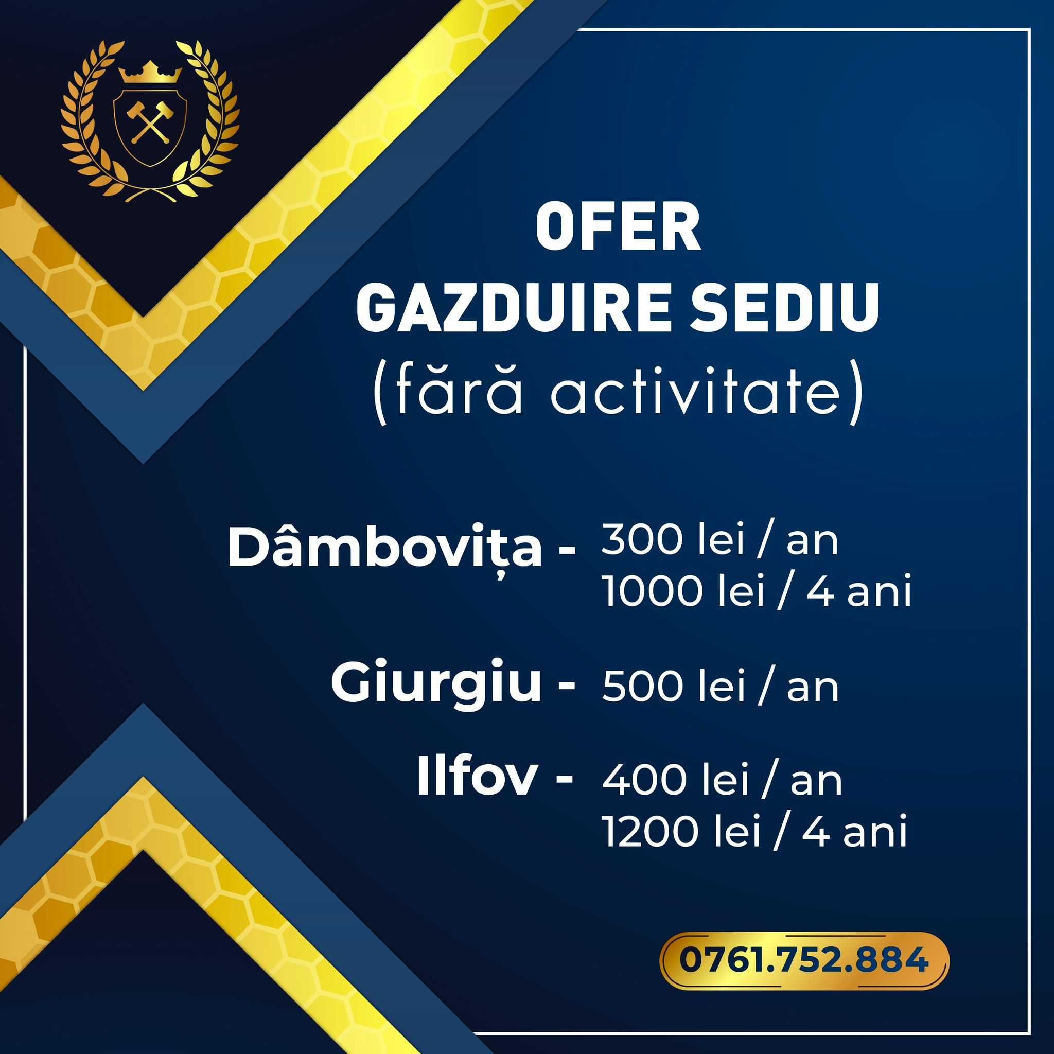 Gazduire sediu social firme/societati/PFA in Ilfov, Dambovita, Giurgiu