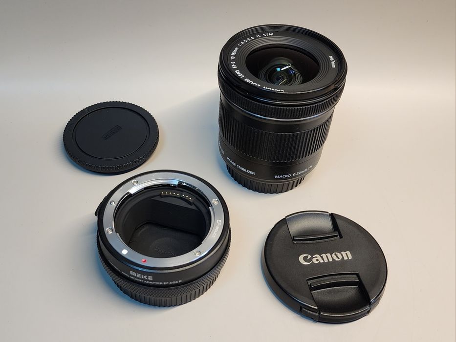obiectiv Canon EF-S 10-18mm, opțional adaptor EF-RF Meike control ring